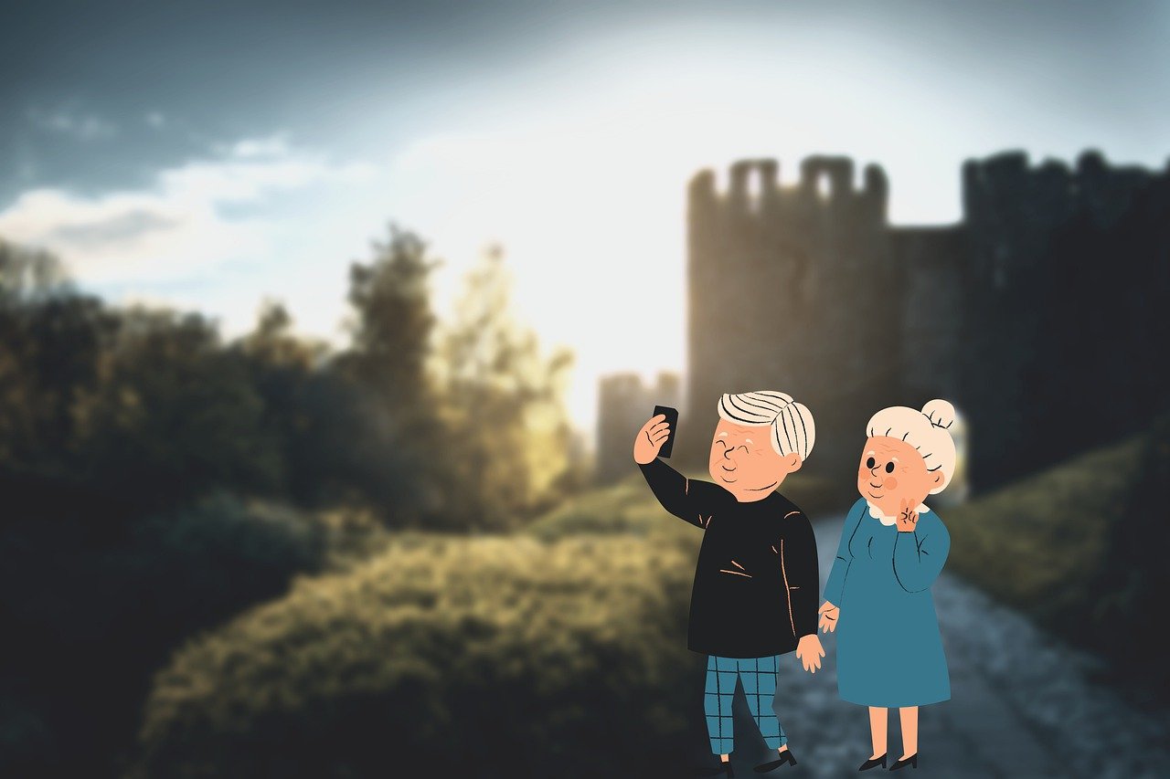 illustration of a grandpa and grandma taking a selfie